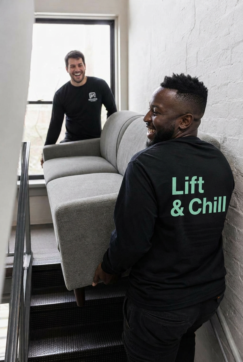Friendly Lift & Chill mover carrying a moving box at an apartment doorway